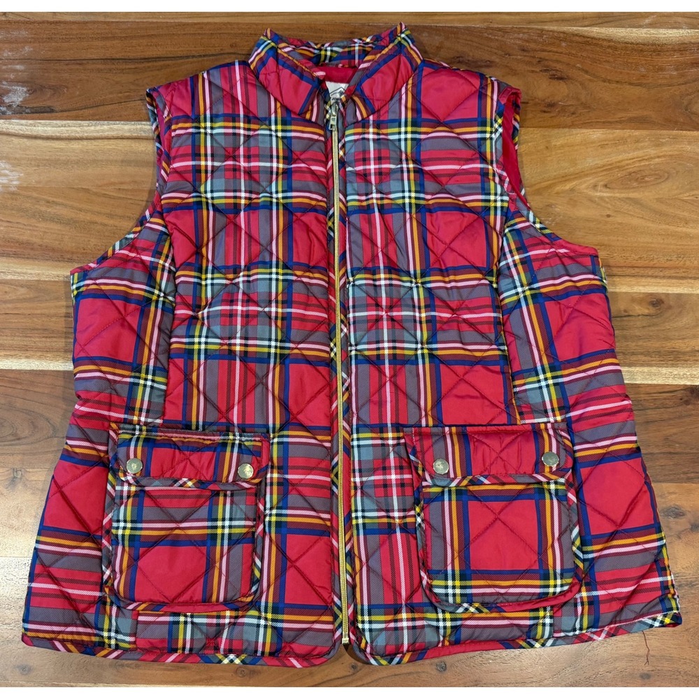 St Johns Bay Womens XL Red Plaid Quilted Puffer Vest Full Zip Vintage Jacket